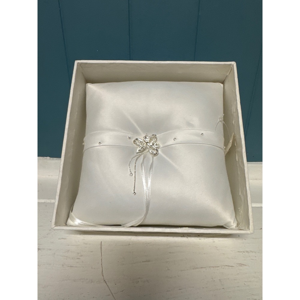 White Satin Ring Bearer Pillow with‎ Rhinestone Flower Detail